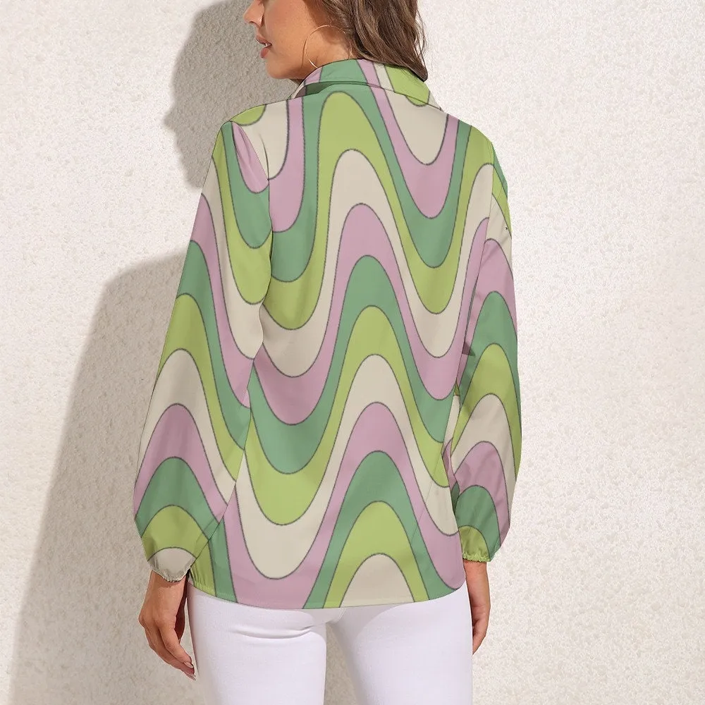 Groovy Blouse, Green Pink Stripe Shirt Women, 60s 70s Style Shirt, Hippie Top, Women's 70s Style Blouse, Women's 70s inspired top