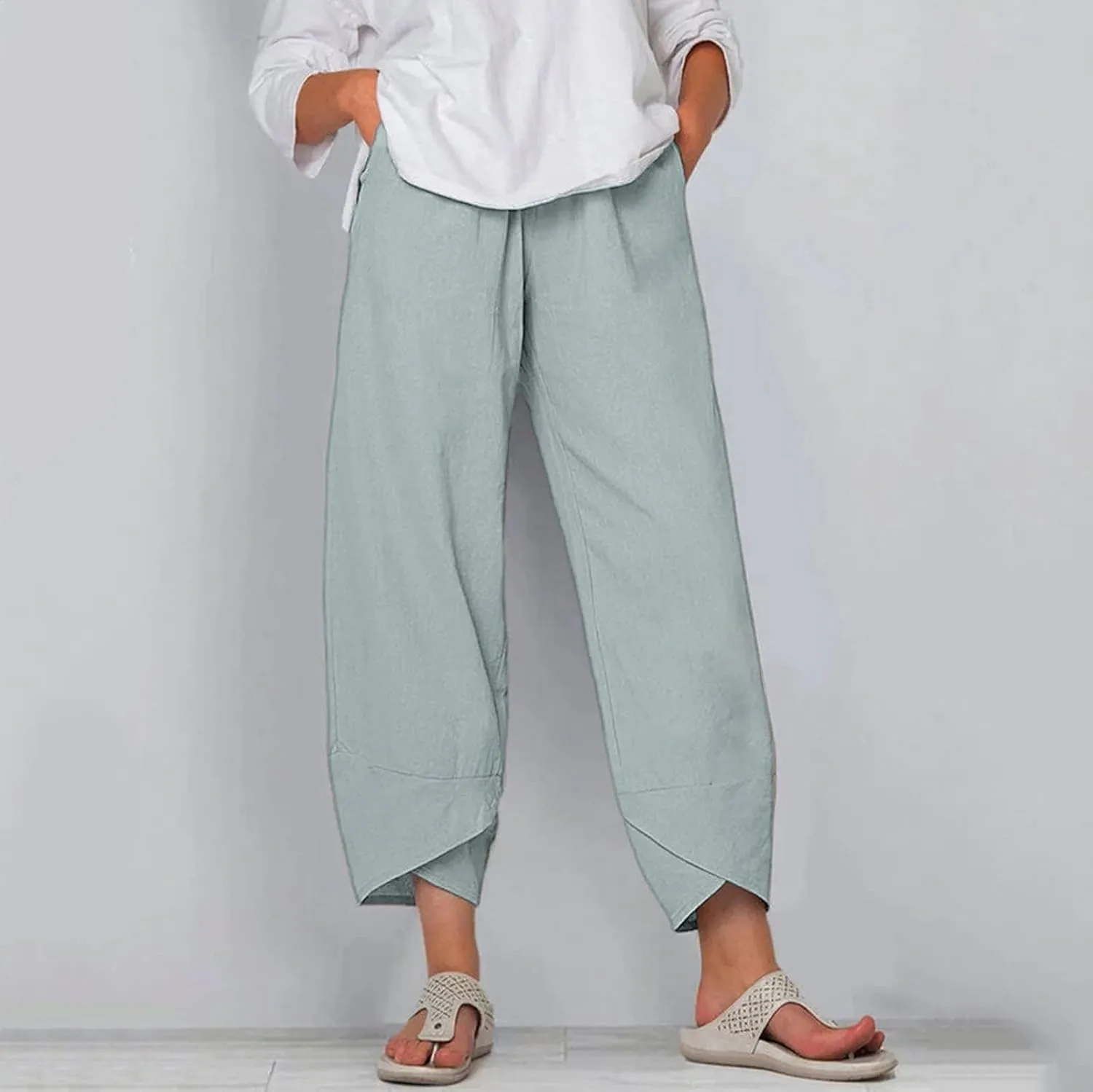 Guteidee Cotton Linen Casual Summer Capri Pants Printed Cropped Comfy Baggy Trousers with Pockets Palazzo Lounge Pants