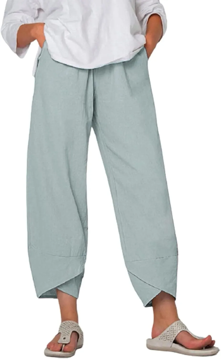 Guteidee Cotton Linen Casual Summer Capri Pants Printed Cropped Comfy Baggy Trousers with Pockets Palazzo Lounge Pants