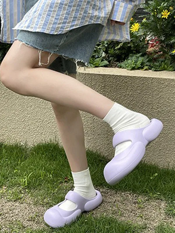 Hollow Round-Toe Solid Color Slider Sandals
