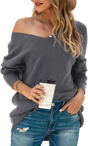 Iandroiy Women's Batwing Sleeve Off Shoulder Loose Oversized Baggy Tops Sweater Pullover Casual Blouse T-Shirt