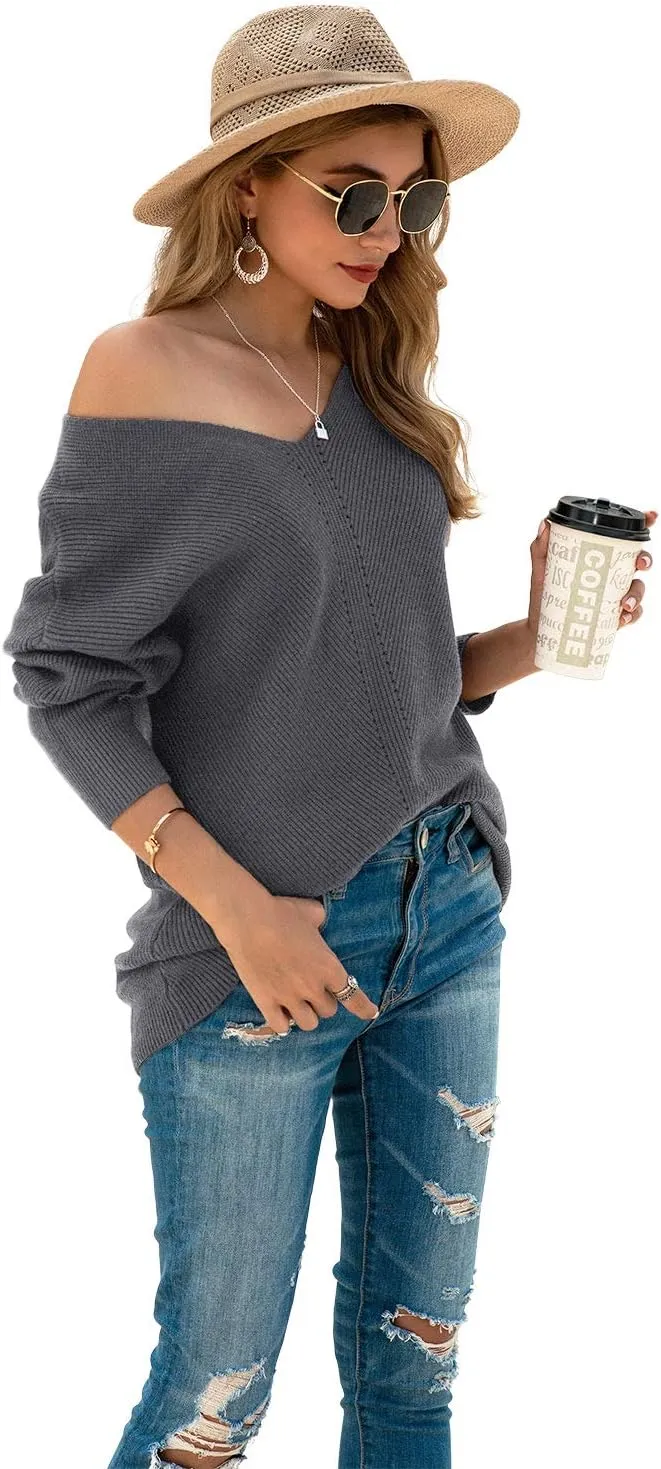 Iandroiy Women's Batwing Sleeve Off Shoulder Loose Oversized Baggy Tops Sweater Pullover Casual Blouse T-Shirt