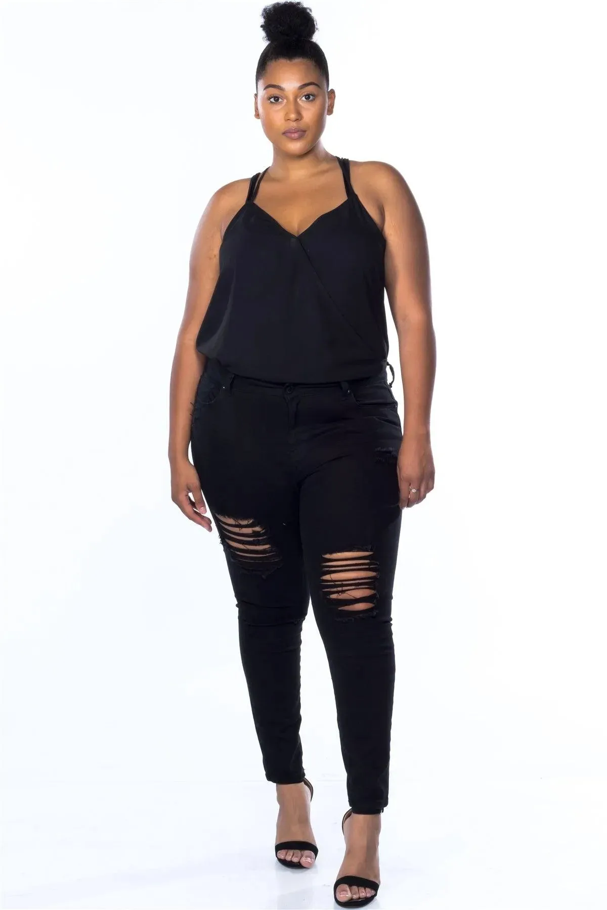 Junior Plus Size Made in Egypt Cotton Spandex Black Distressed Ripped Skinny Jeans /1-2-2-2-1