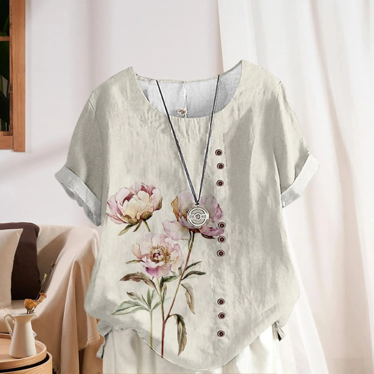 Ladies Linen Blend Tunic Tops Womens Button Boho Floral Printed Crewneck Short Sleeve Shirts Summer Vacation Blouse