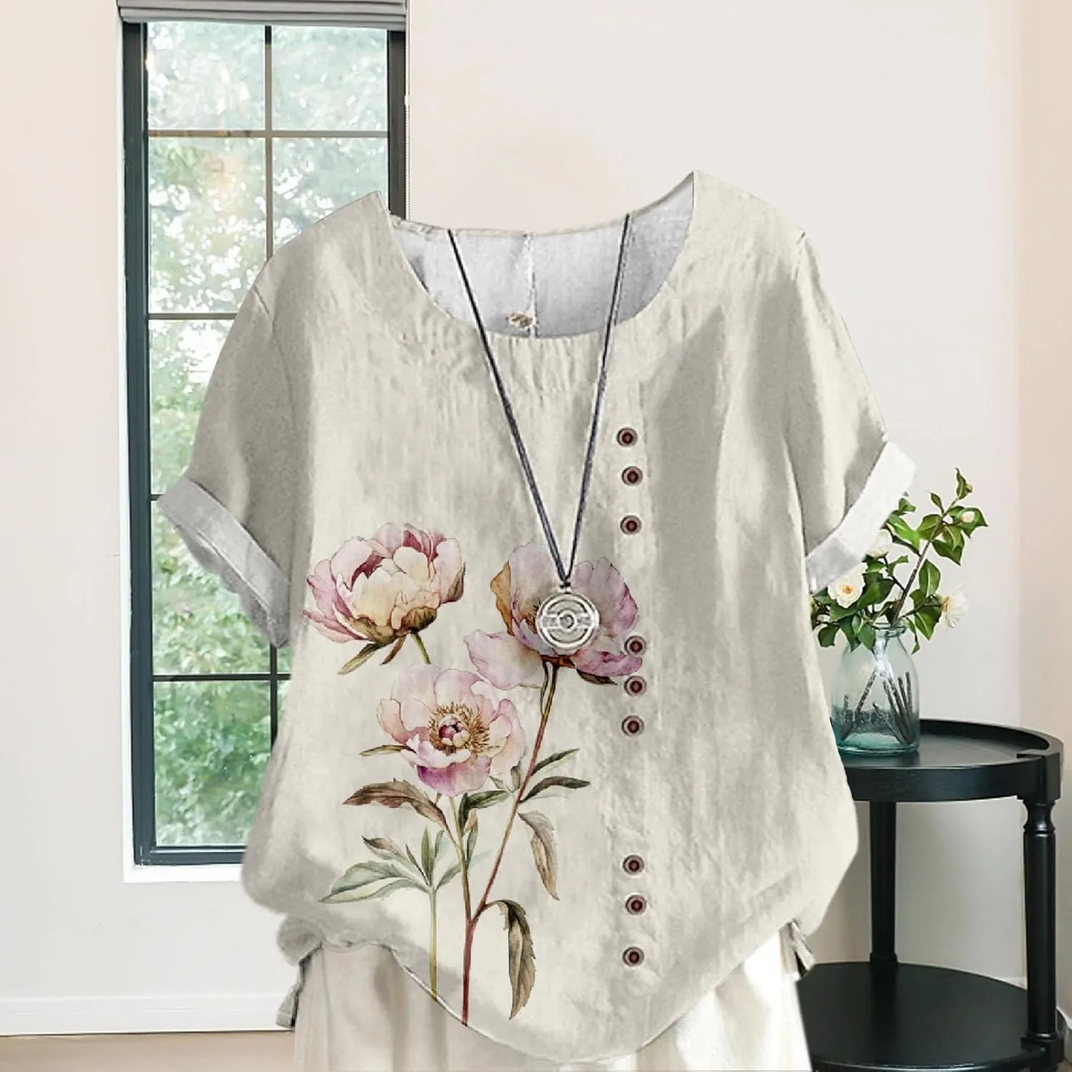 Ladies Linen Blend Tunic Tops Womens Button Boho Floral Printed Crewneck Short Sleeve Shirts Summer Vacation Blouse