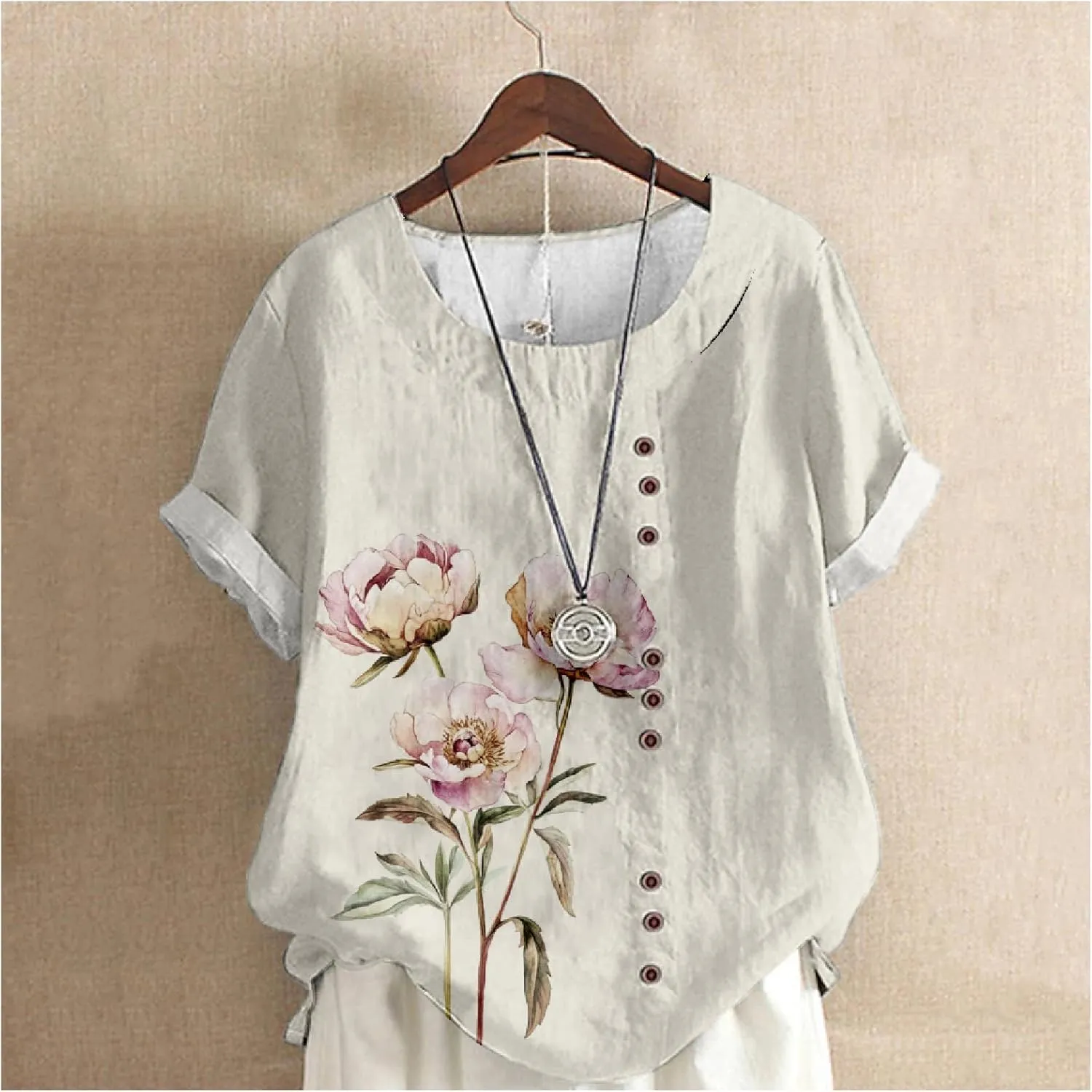 Ladies Linen Blend Tunic Tops Womens Button Boho Floral Printed Crewneck Short Sleeve Shirts Summer Vacation Blouse