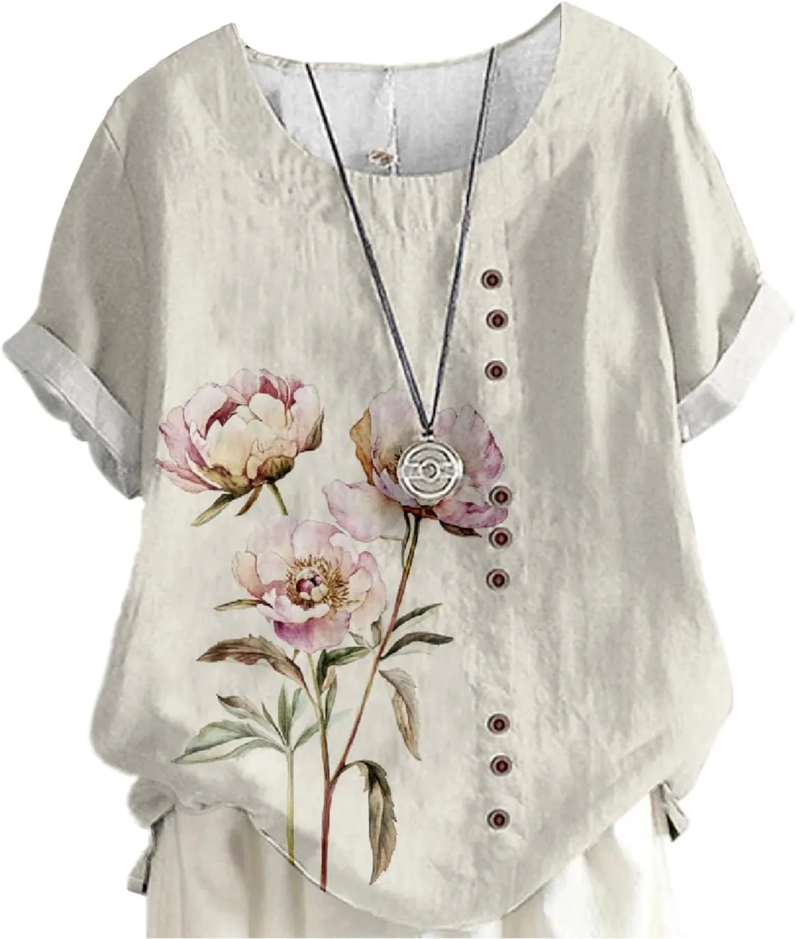 Ladies Linen Blend Tunic Tops Womens Button Boho Floral Printed Crewneck Short Sleeve Shirts Summer Vacation Blouse