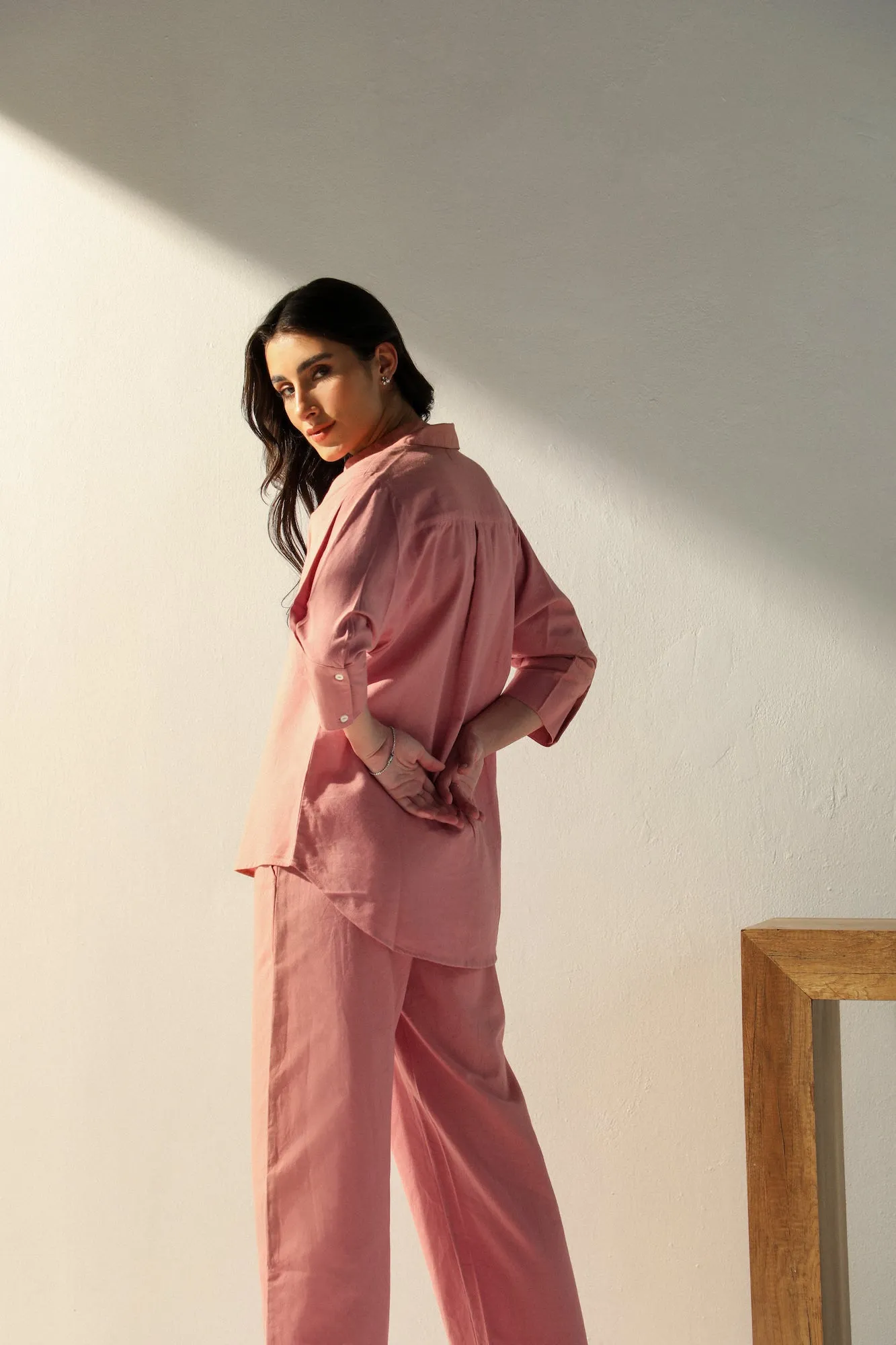 Linen Coord Set with Pants in Rose