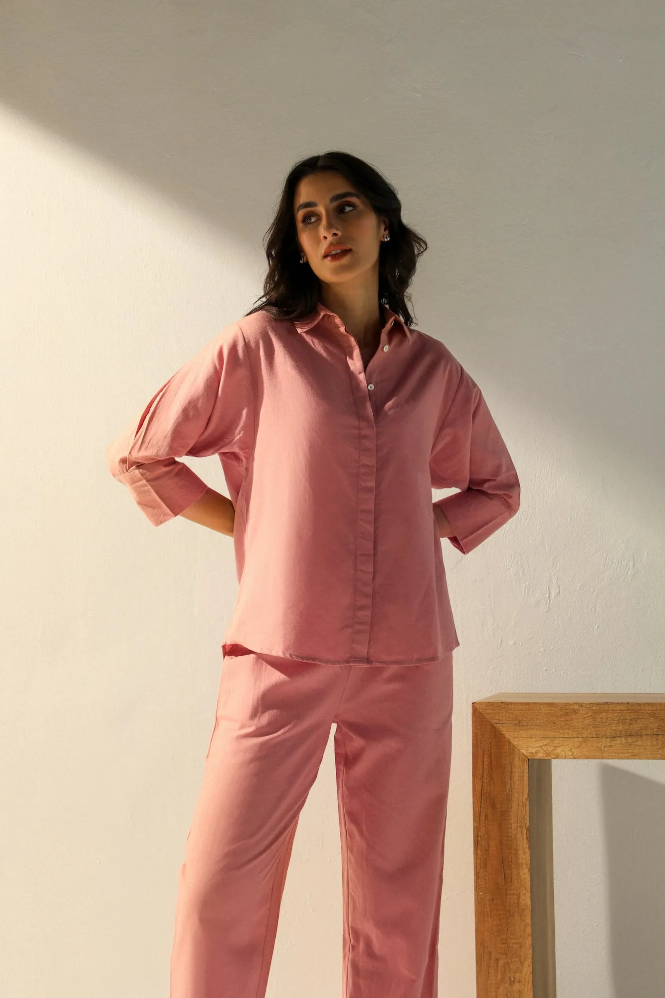 Linen Coord Set with Pants in Rose