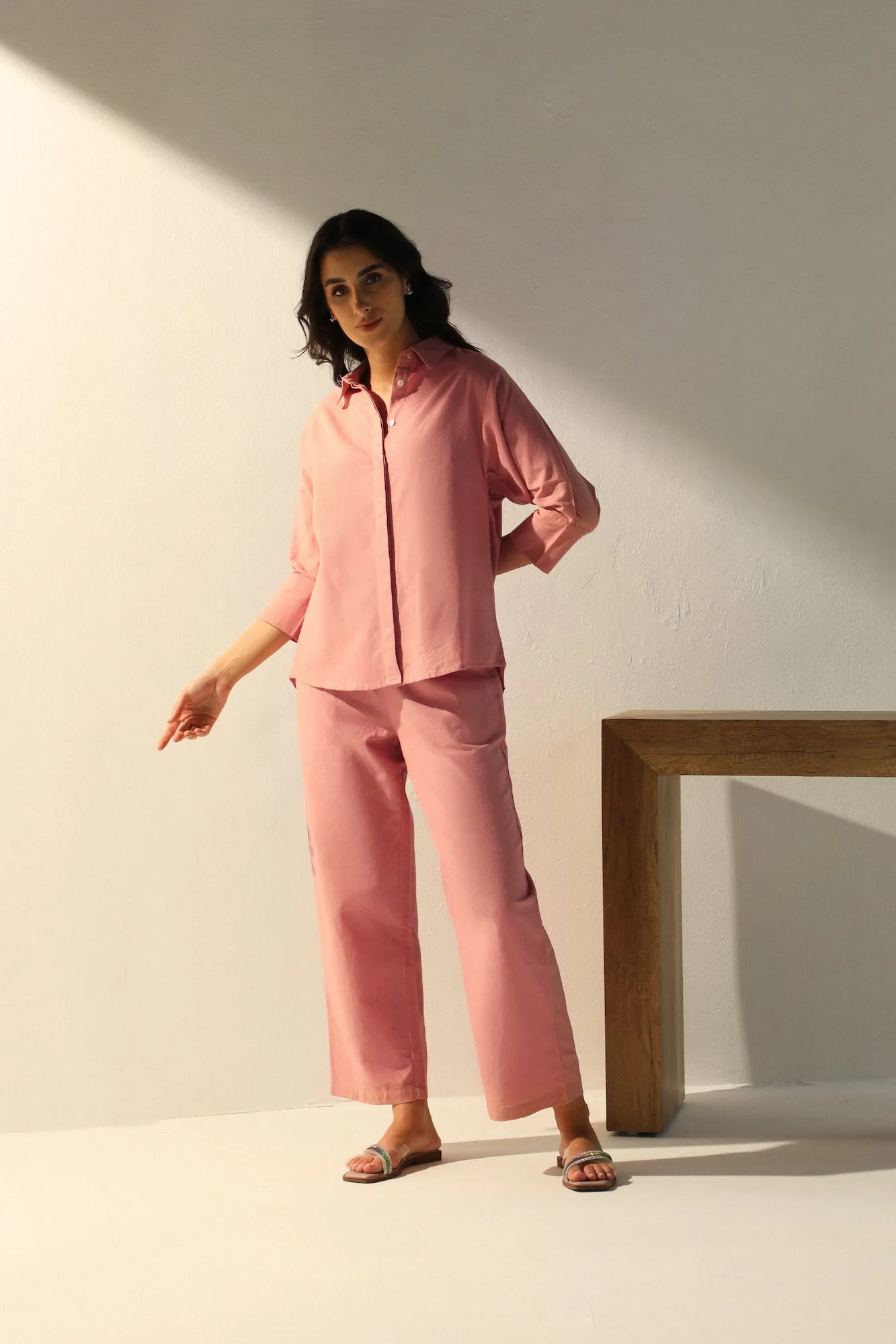 Linen Coord Set with Pants in Rose