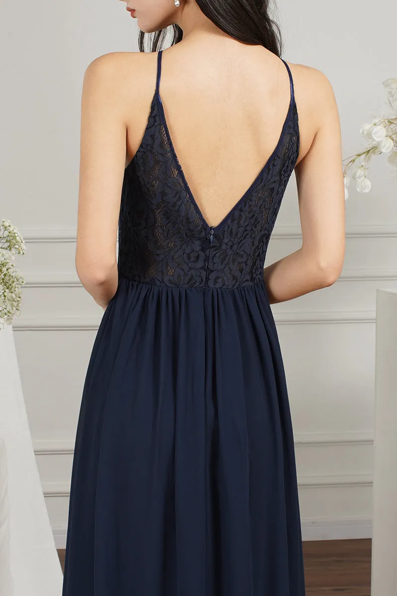 Long A-line Keyhole Neckline Lace Spaghetti Chiffon Bridesmaid Dresses