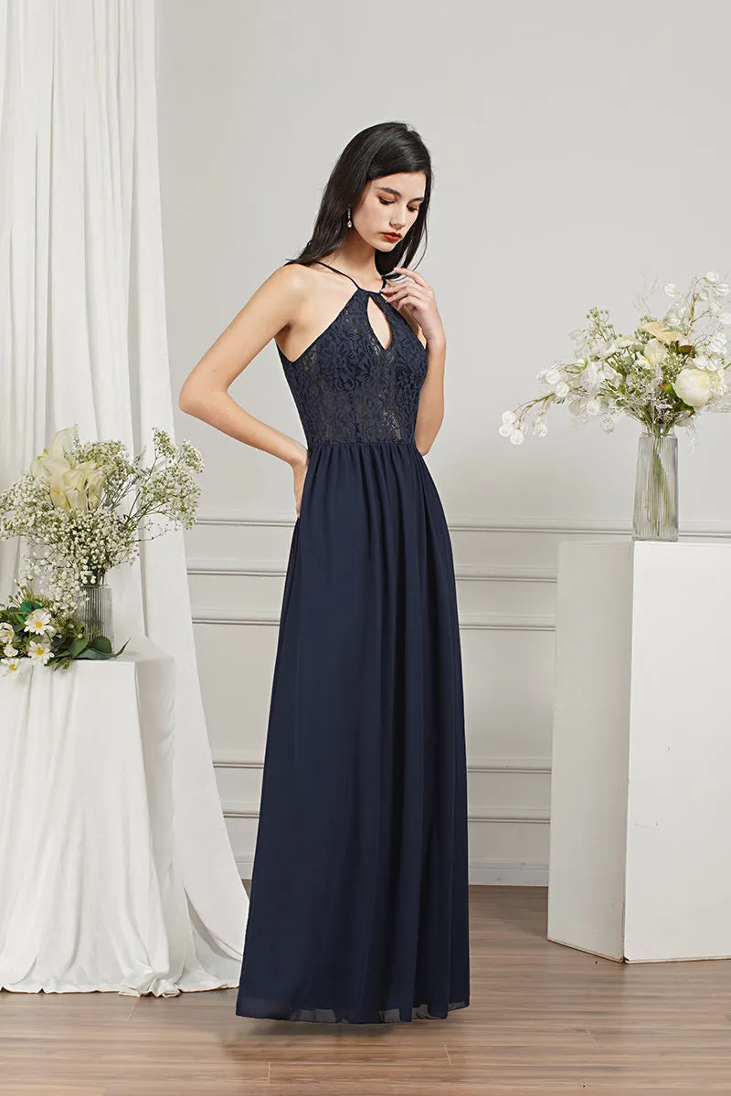Long A-line Keyhole Neckline Lace Spaghetti Chiffon Bridesmaid Dresses