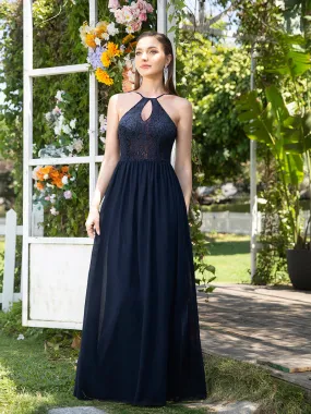 Long A-line Keyhole Neckline Lace Spaghetti Chiffon Bridesmaid Dresses