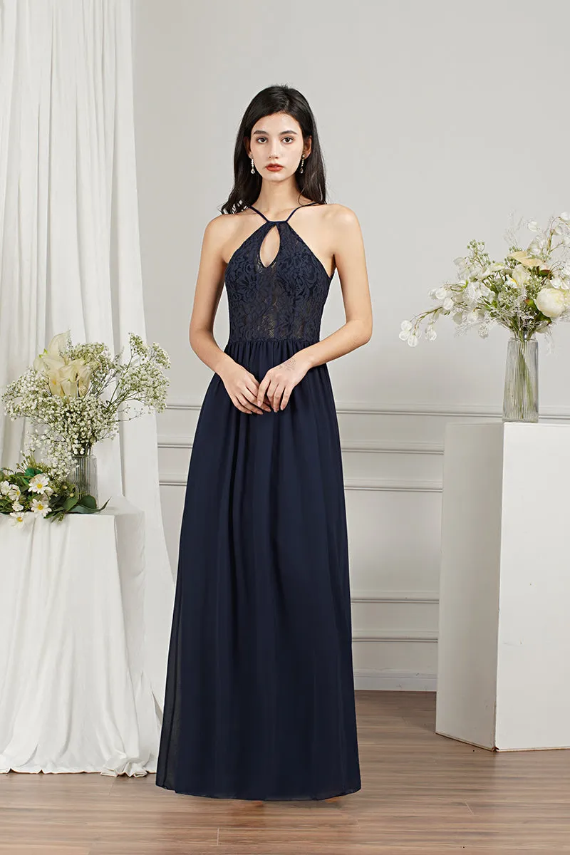 Long A-line Keyhole Neckline Lace Spaghetti Chiffon Bridesmaid Dresses