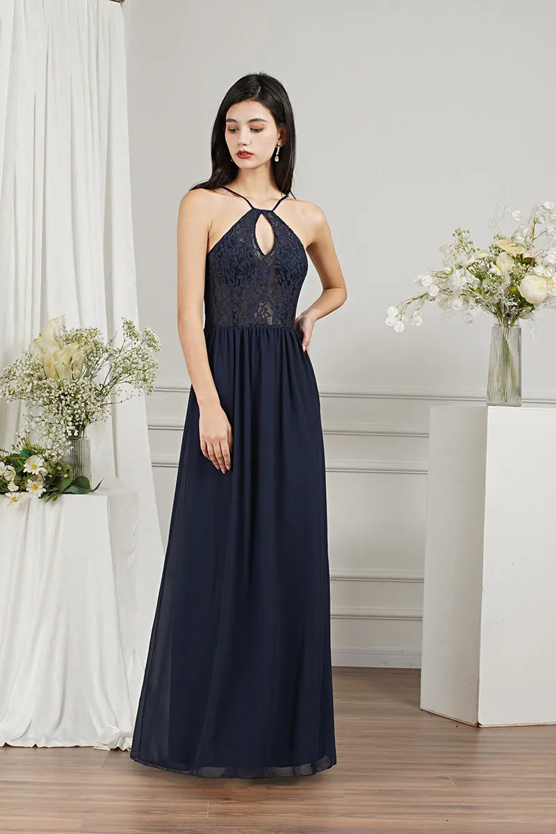 Long A-line Keyhole Neckline Lace Spaghetti Chiffon Bridesmaid Dresses