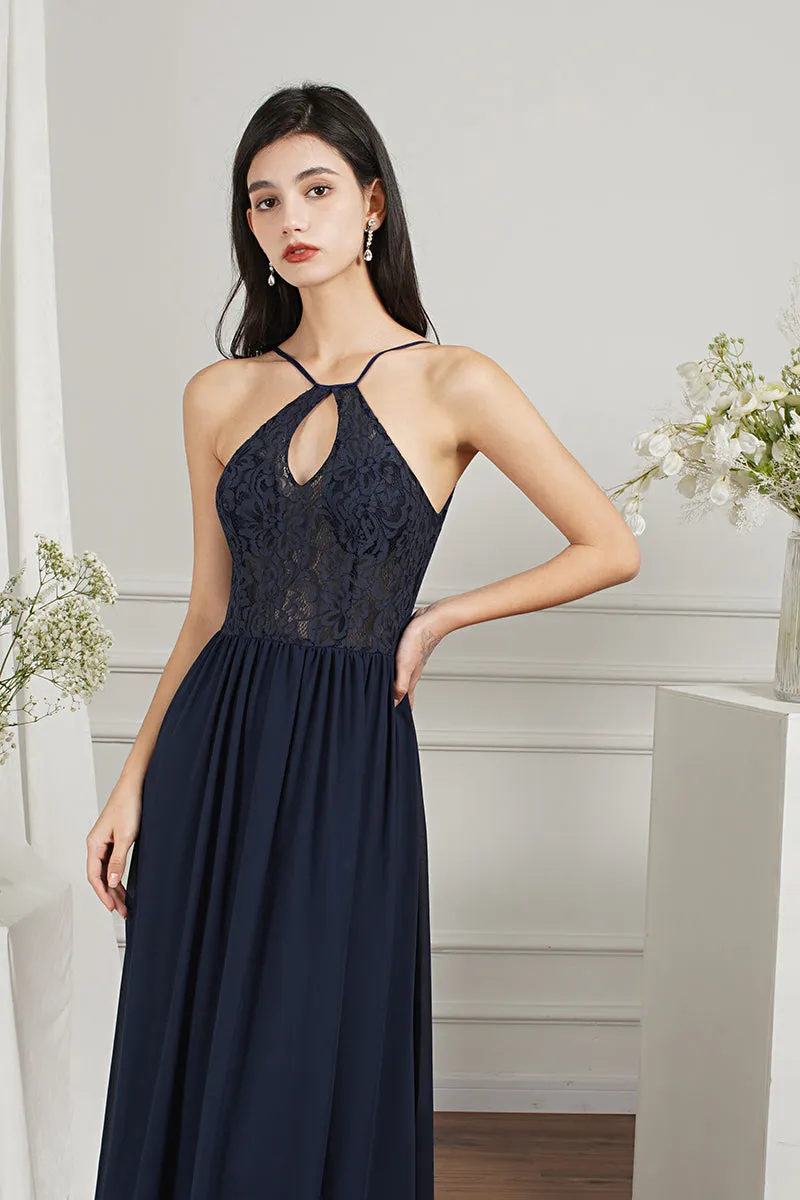Long A-line Keyhole Neckline Lace Spaghetti Chiffon Bridesmaid Dresses