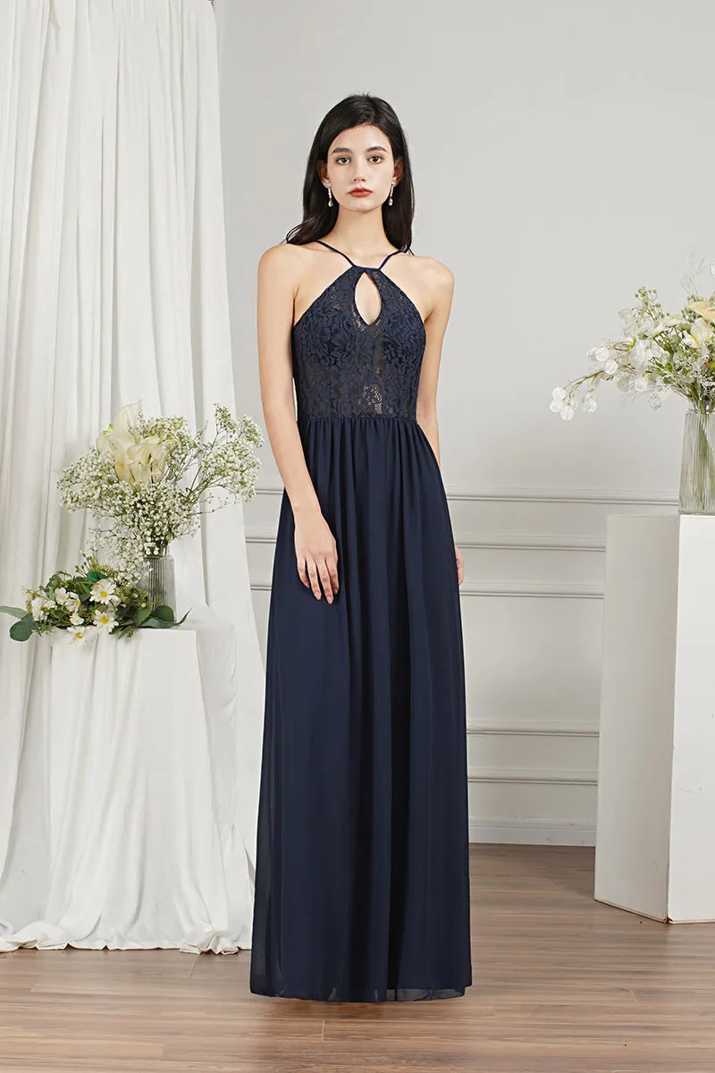 Long A-line Keyhole Neckline Lace Spaghetti Chiffon Bridesmaid Dresses