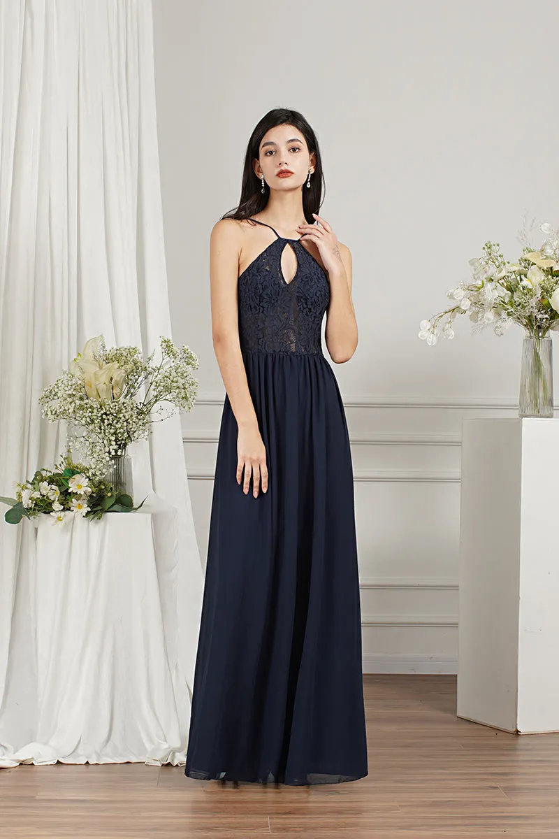 Long A-line Keyhole Neckline Lace Spaghetti Chiffon Bridesmaid Dresses