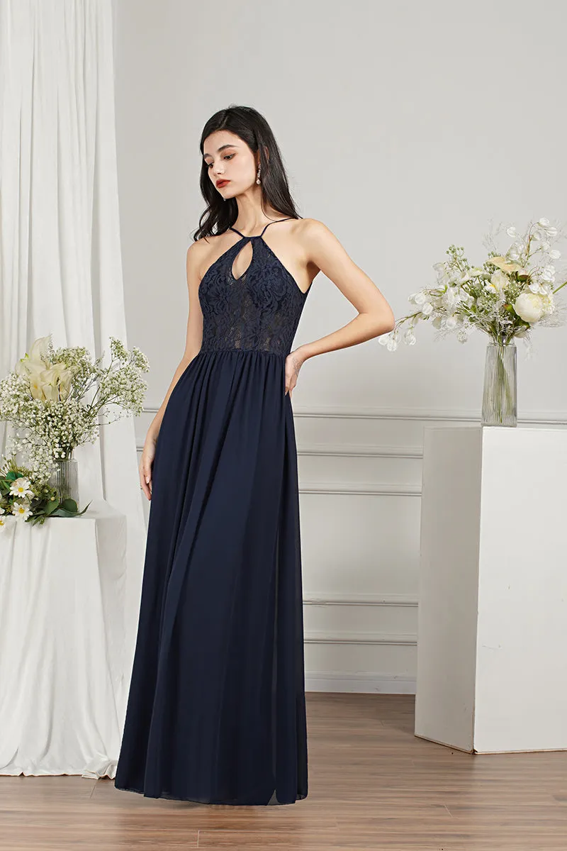 Long A-line Keyhole Neckline Lace Spaghetti Chiffon Bridesmaid Dresses