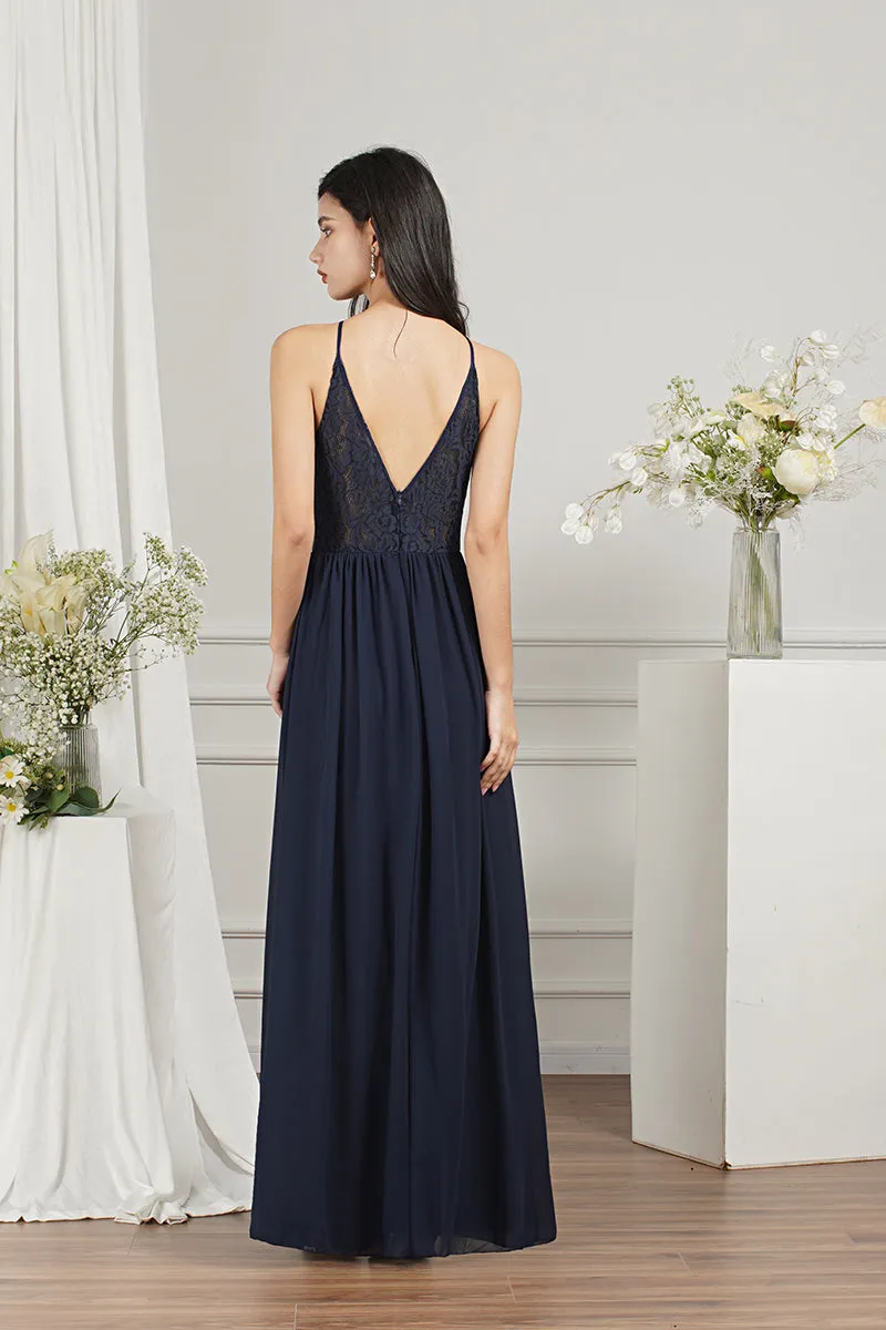 Long A-line Keyhole Neckline Lace Spaghetti Chiffon Bridesmaid Dresses