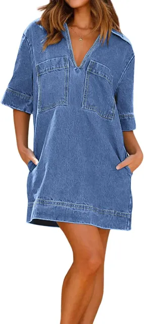 loveimgs Womens Summer Casual Denim Dress Short Sleeve V Neck Distressed Jean Dresses Mini Shirt Dress