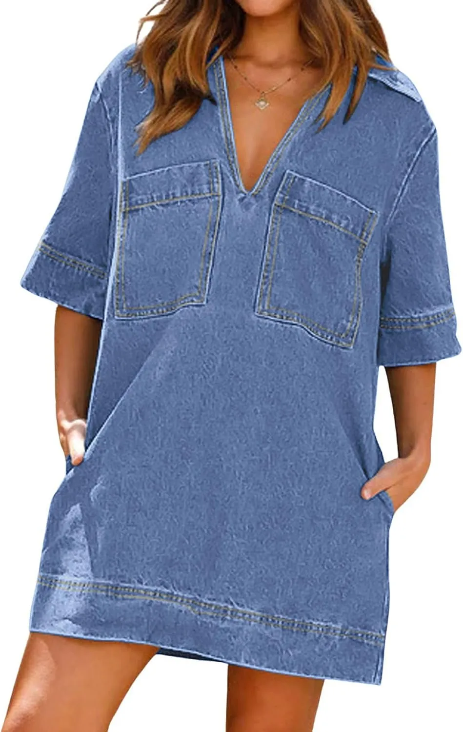 loveimgs Womens Summer Casual Denim Dress Short Sleeve V Neck Distressed Jean Dresses Mini Shirt Dress