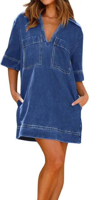 loveimgs Womens Summer Casual Denim Dress Short Sleeve V Neck Distressed Jean Dresses Mini Shirt Dress