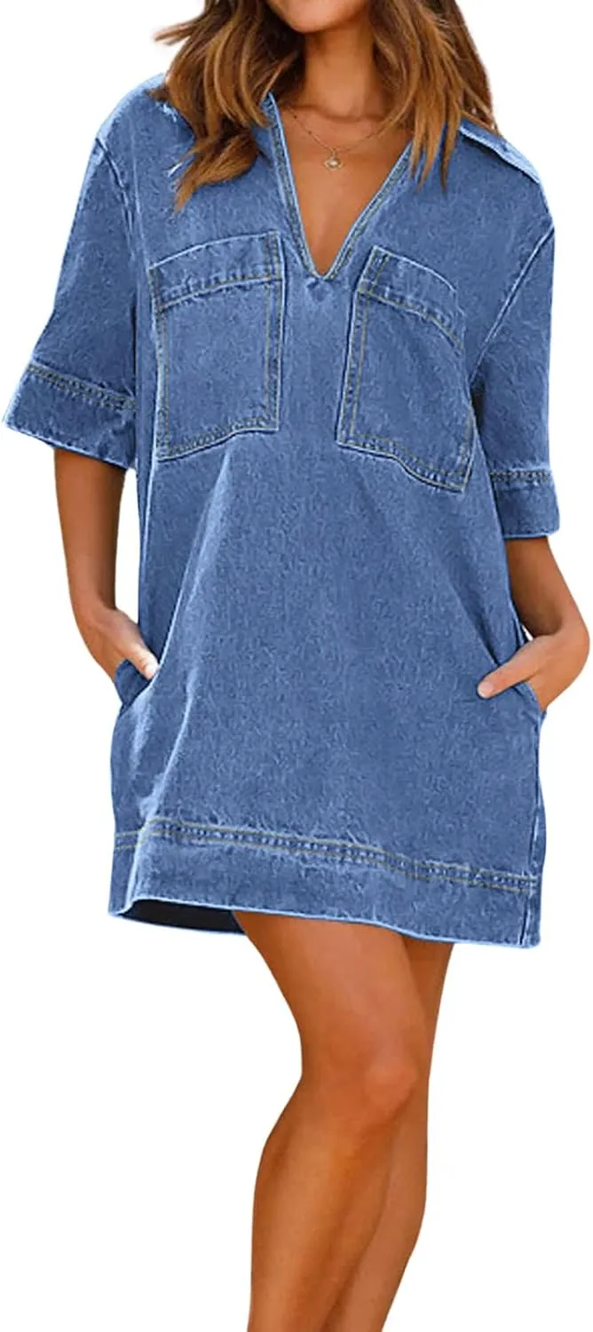 loveimgs Womens Summer Casual Denim Dress Short Sleeve V Neck Distressed Jean Dresses Mini Shirt Dress