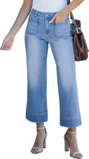 luvamia Wide Leg Jeans for Women Trendy High Waisted Flare Jeans Cropped Denim Pants Stretchy Baggy with Patch Pockets