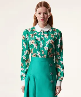 Machka Floral Pattern Blouse With Contrast Collar Green