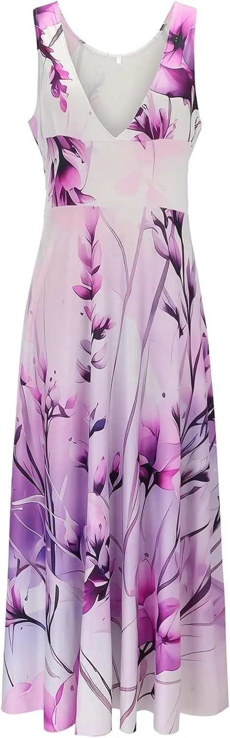 Maxi Dress for Women 2025 Summer Elegant Wrap V Neck Sleeveless Dresses Plus Size Casual Floral Boho Flowy Beach Sundresses