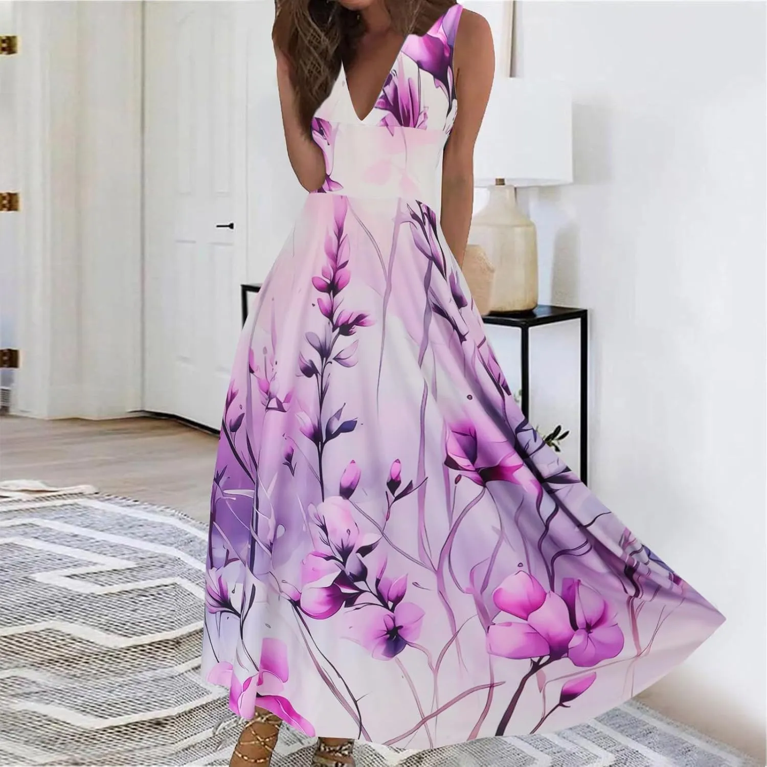 Maxi Dress for Women 2025 Summer Elegant Wrap V Neck Sleeveless Dresses Plus Size Casual Floral Boho Flowy Beach Sundresses