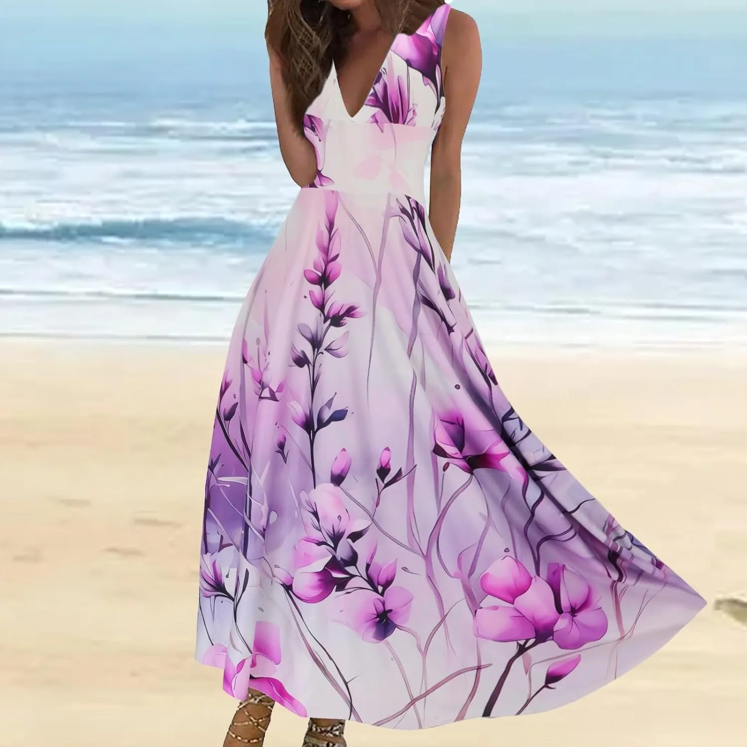 Maxi Dress for Women 2025 Summer Elegant Wrap V Neck Sleeveless Dresses Plus Size Casual Floral Boho Flowy Beach Sundresses