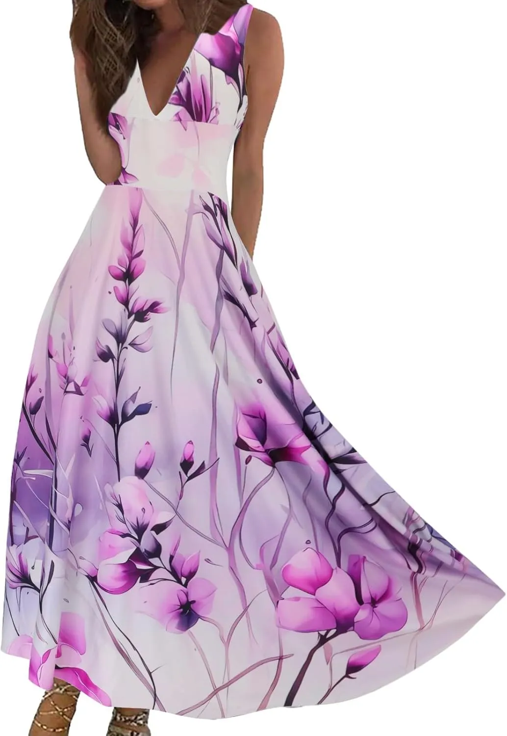 Maxi Dress for Women 2025 Summer Elegant Wrap V Neck Sleeveless Dresses Plus Size Casual Floral Boho Flowy Beach Sundresses
