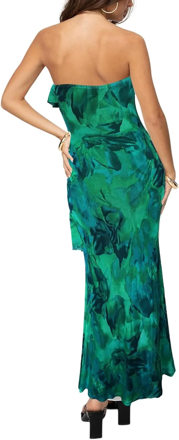 MAYFASEY Women's Strapless Bodycon Maxi Tube Top Dress Sexy Summer 2025 Stretch Mesh Ruffle Slim Party Cocktail Dresses