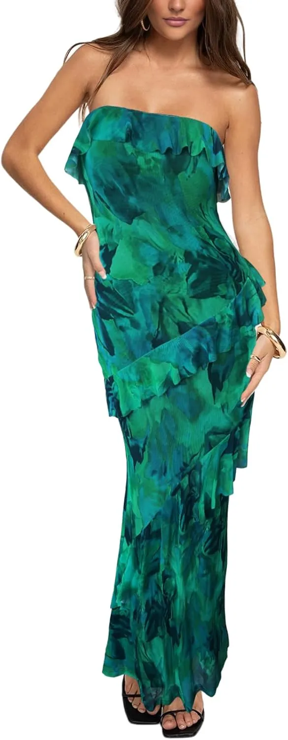 MAYFASEY Women's Strapless Bodycon Maxi Tube Top Dress Sexy Summer 2025 Stretch Mesh Ruffle Slim Party Cocktail Dresses