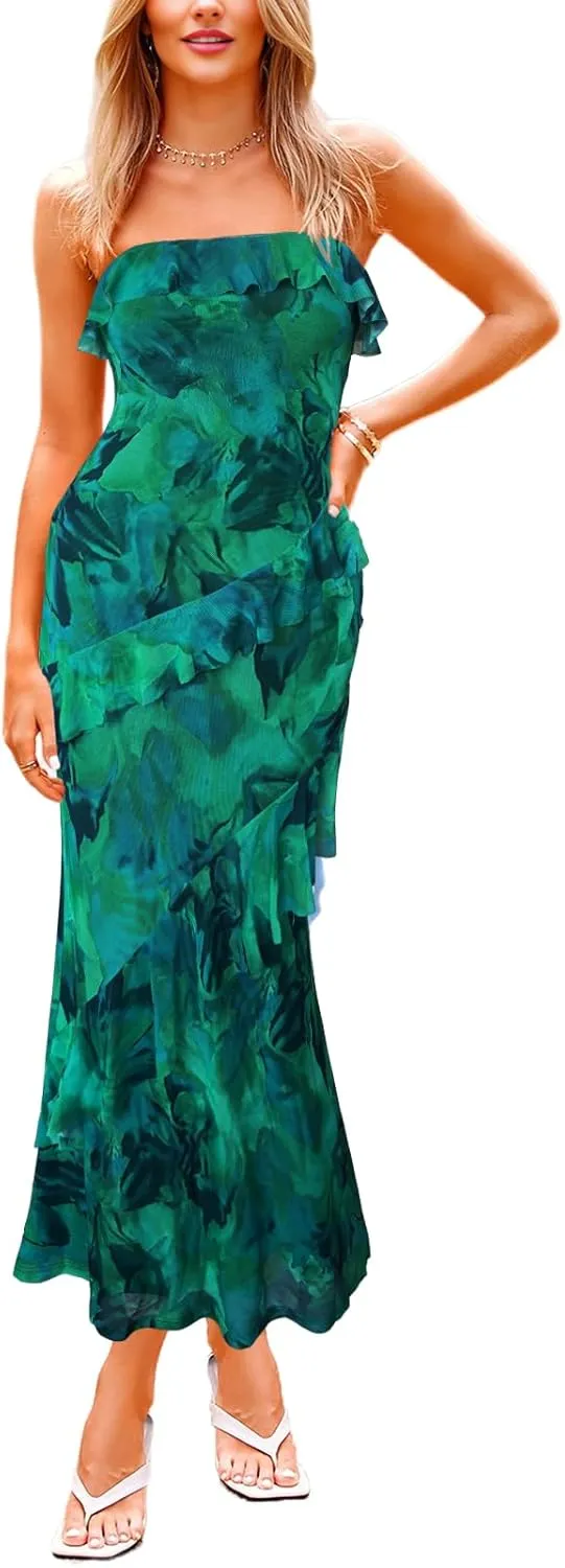 MAYFASEY Women's Strapless Bodycon Maxi Tube Top Dress Sexy Summer 2025 Stretch Mesh Ruffle Slim Party Cocktail Dresses