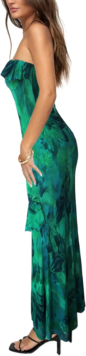 MAYFASEY Women's Strapless Bodycon Maxi Tube Top Dress Sexy Summer 2025 Stretch Mesh Ruffle Slim Party Cocktail Dresses