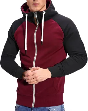 Men Zipper Hooded Sweatshirt Casual Contrast Color Raglan Sleeve Warm Comfortable Cardigan Top with Pockets