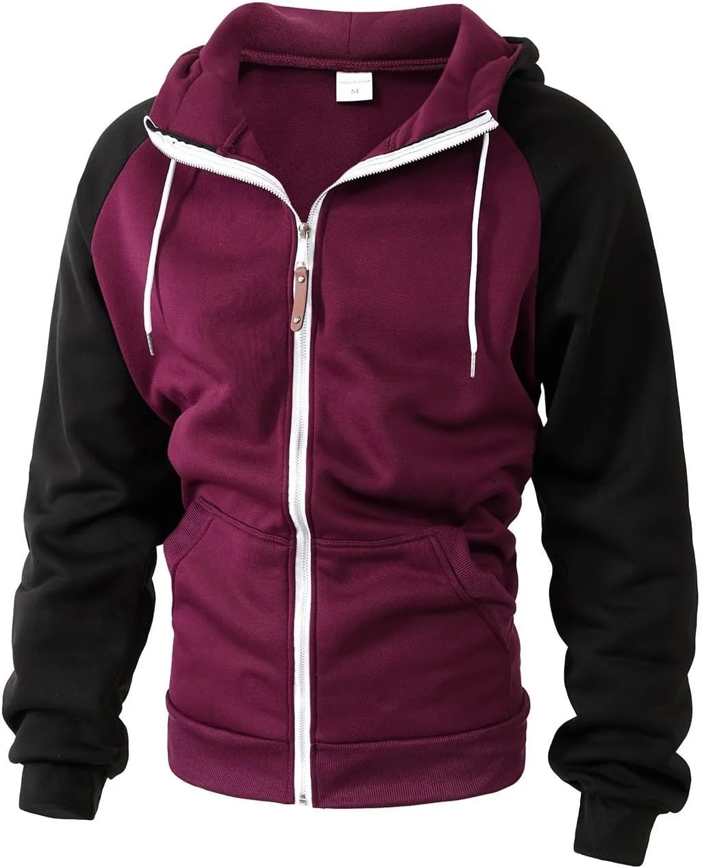 Men Zipper Hooded Sweatshirt Casual Contrast Color Raglan Sleeve Warm Comfortable Cardigan Top with Pockets