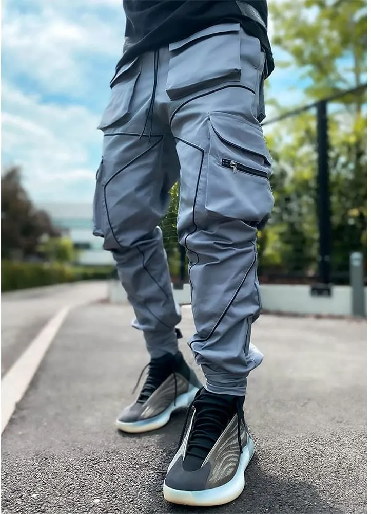 Mens Hiphop Jogger Sweatpants Cargo Streetwear Punk Pants with Multi-Pockets