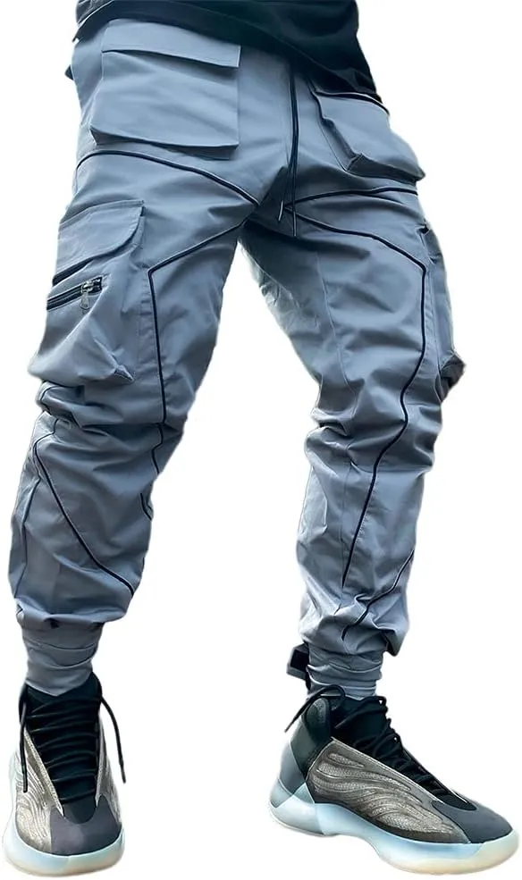 Mens Hiphop Jogger Sweatpants Cargo Streetwear Punk Pants with Multi-Pockets