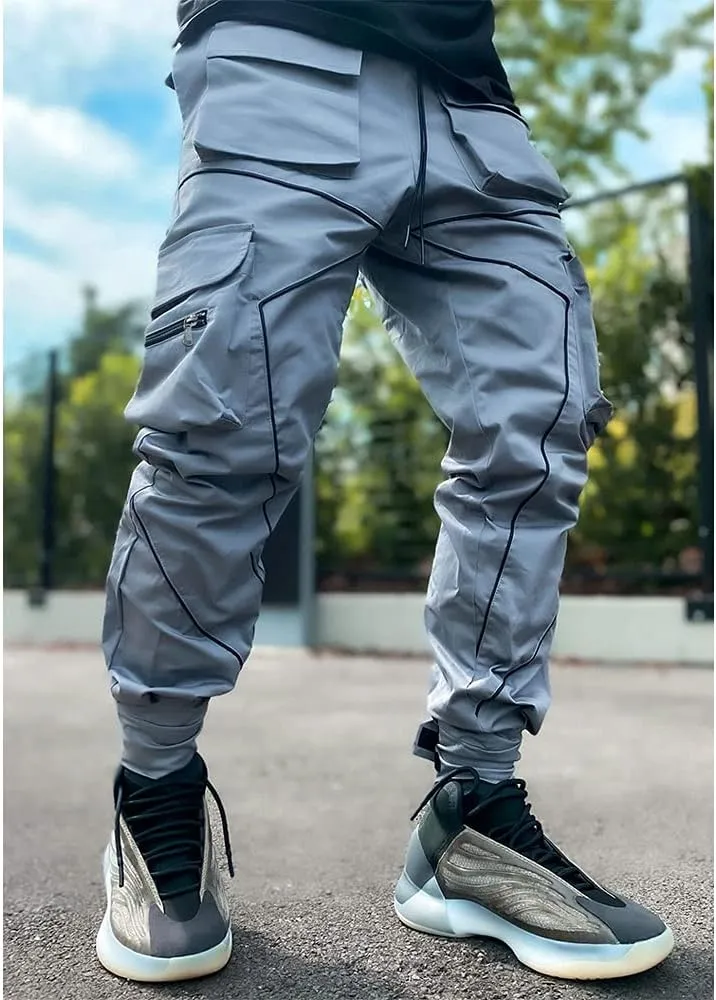 Mens Hiphop Jogger Sweatpants Cargo Streetwear Punk Pants with Multi-Pockets
