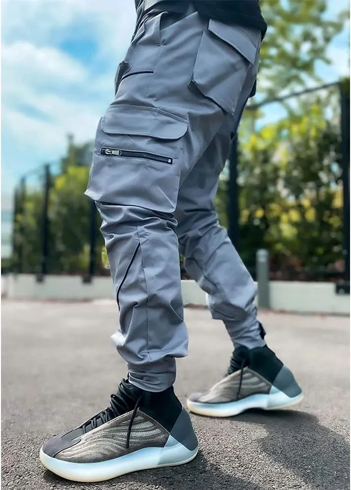 Mens Hiphop Jogger Sweatpants Cargo Streetwear Punk Pants with Multi-Pockets