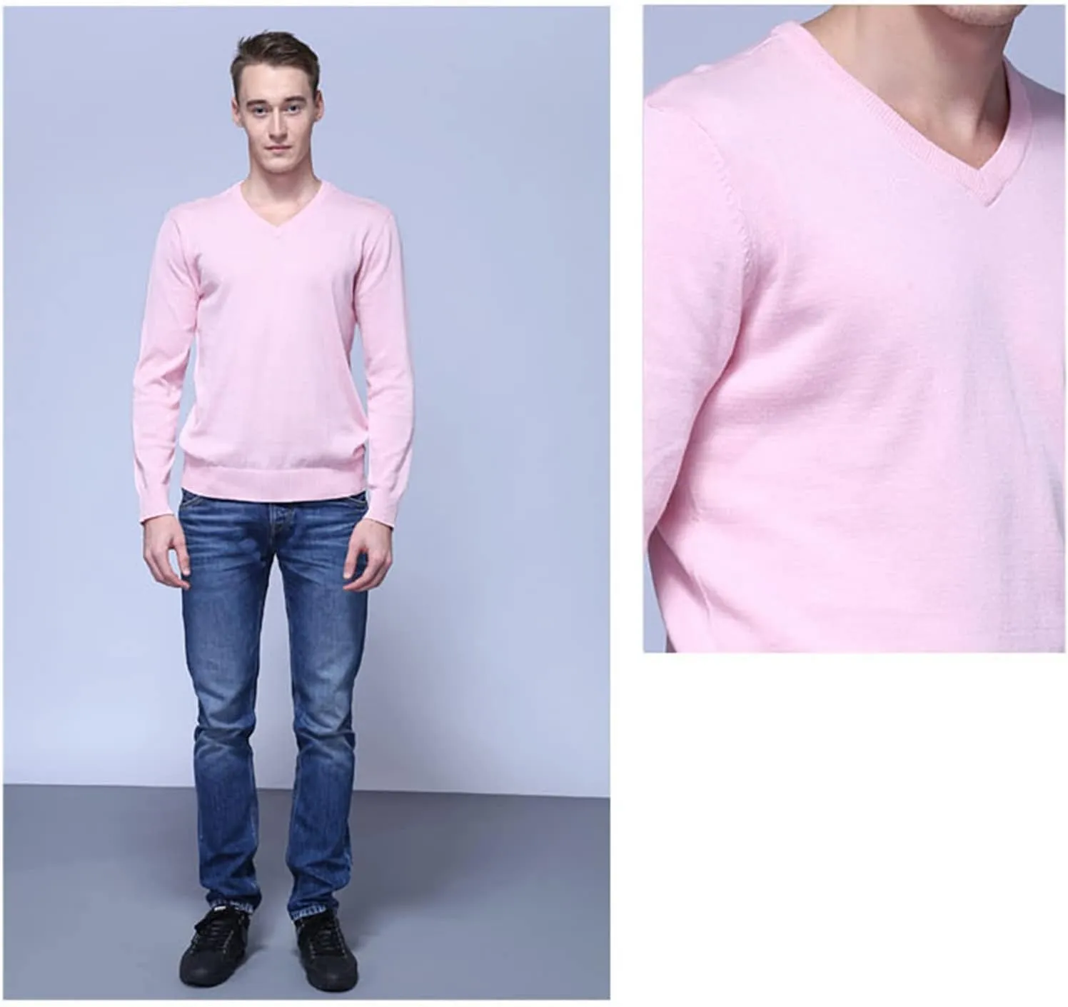 Men's Solid V Neck Sweaters Long Sleeve Breathable Knitting Pullover Classic Comfortably Soft Basic Knitwear Top
