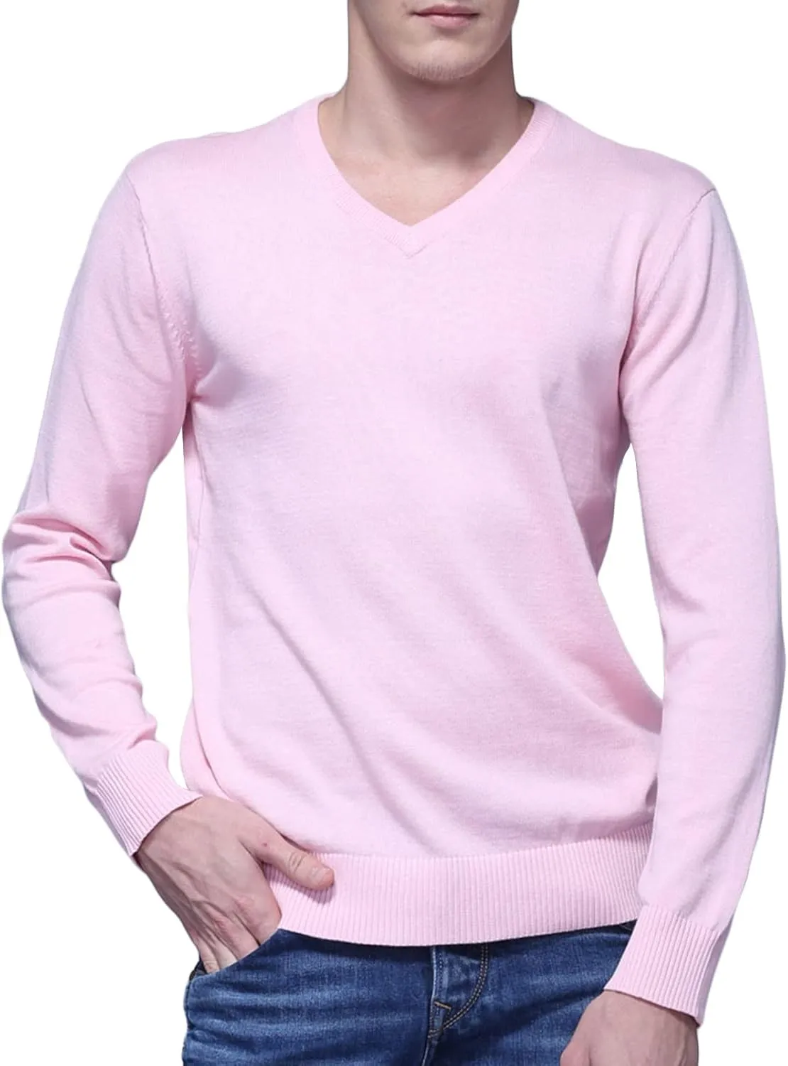 Men's Solid V Neck Sweaters Long Sleeve Breathable Knitting Pullover Classic Comfortably Soft Basic Knitwear Top