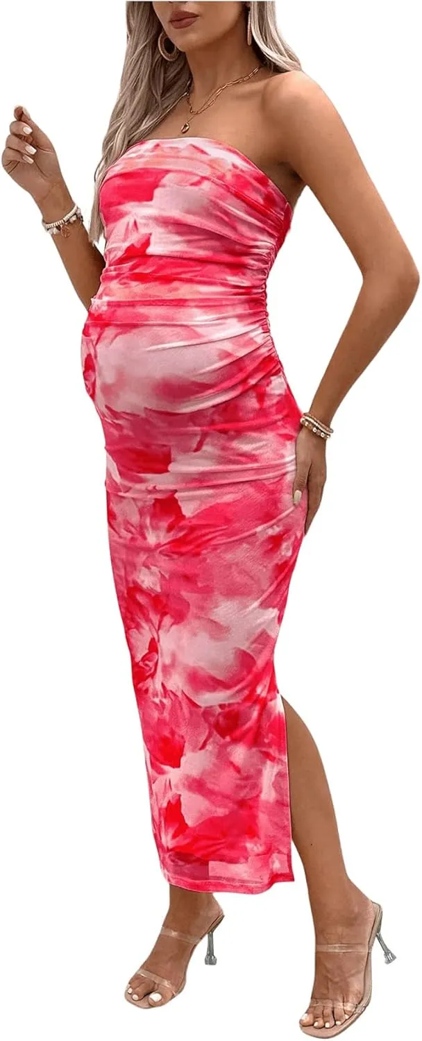 Milumia Women's Maternity Floral Mesh Split Strapless Tube Dress Bodycon Maxi Dresses
