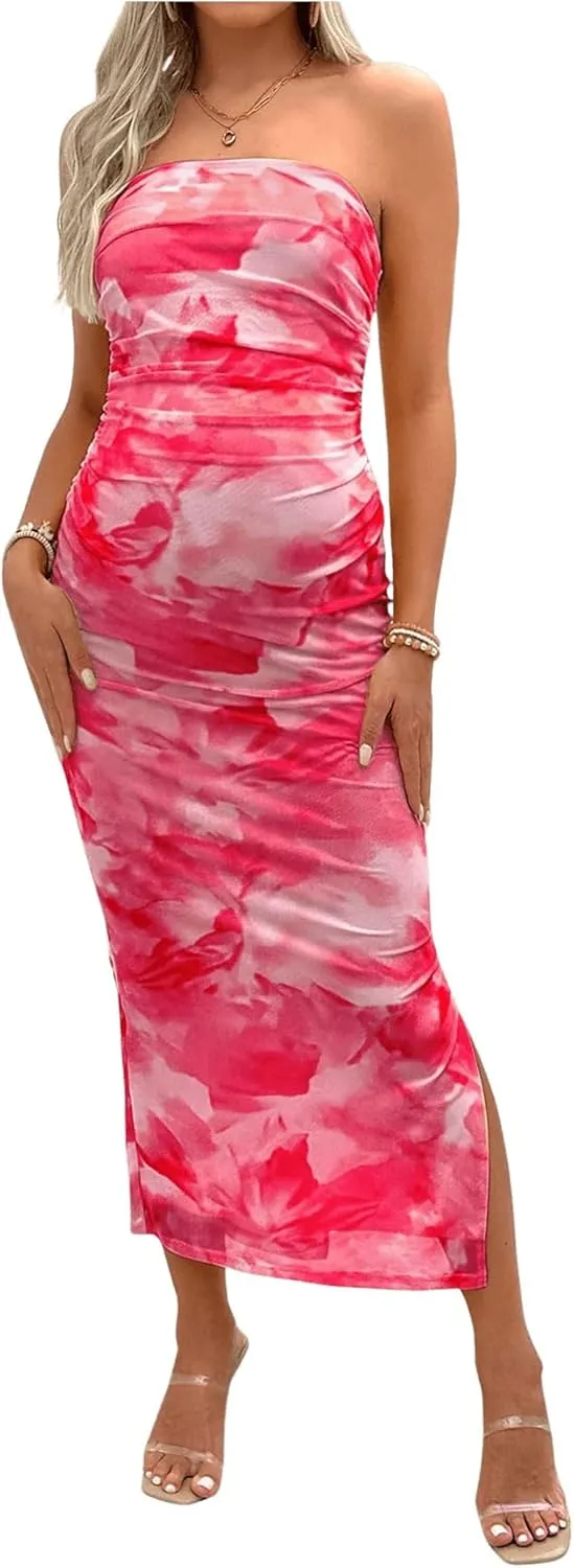Milumia Women's Maternity Floral Mesh Split Strapless Tube Dress Bodycon Maxi Dresses