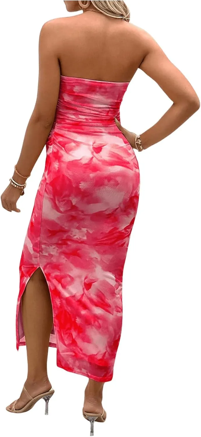 Milumia Women's Maternity Floral Mesh Split Strapless Tube Dress Bodycon Maxi Dresses