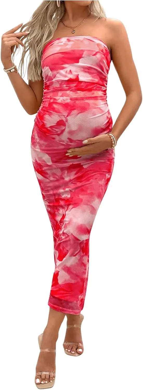 Milumia Women's Maternity Floral Mesh Split Strapless Tube Dress Bodycon Maxi Dresses